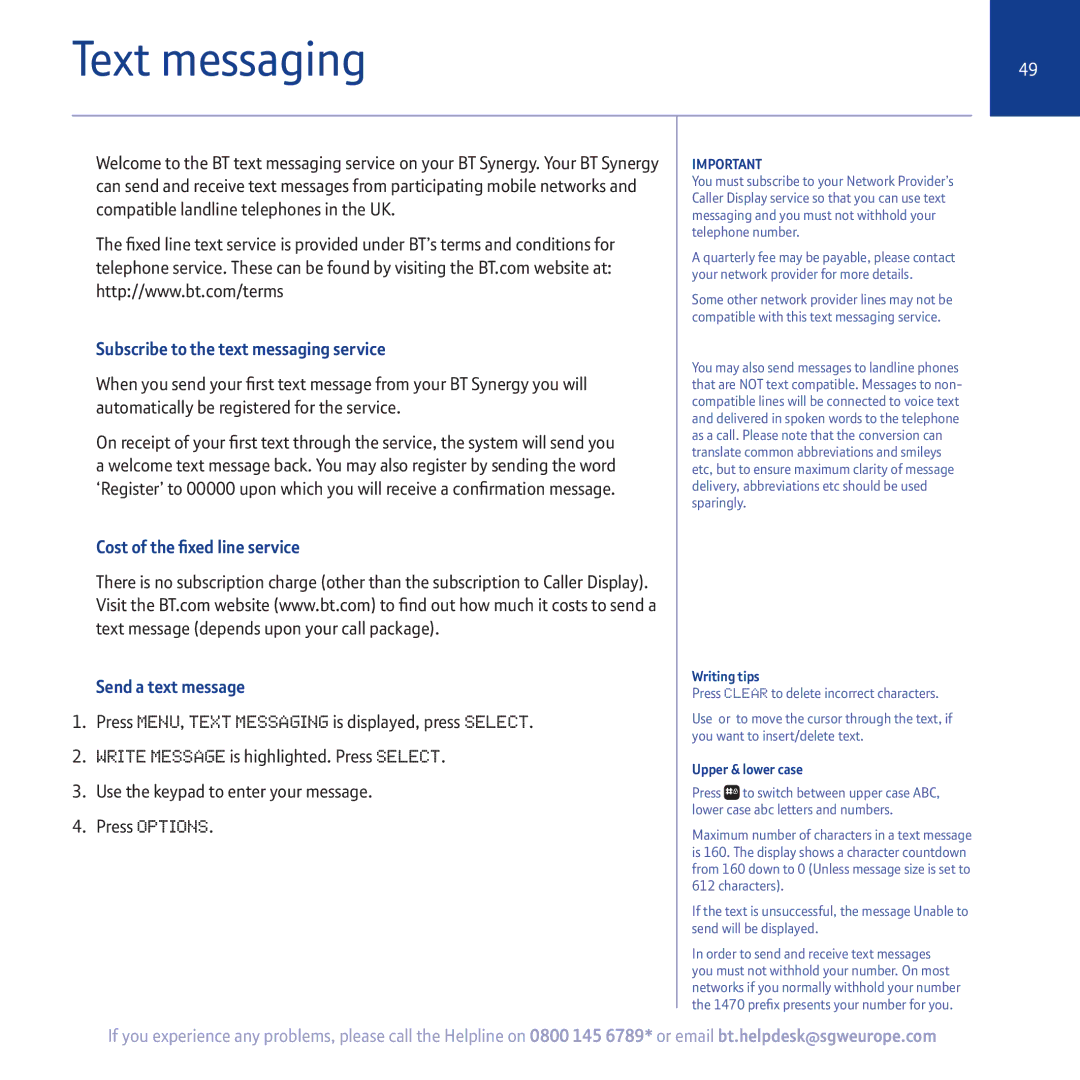 BT 5500 manual Text messaging, Subscribe to the text messaging service, Cost of the fixed line service Send a text message 