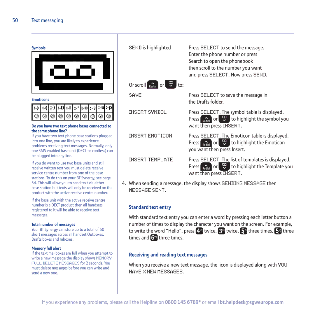 BT 5500 manual Standard text entry, Receiving and reading text messages 