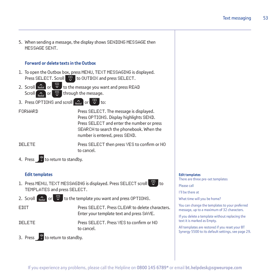 BT 5500 manual Forward or delete texts in the Outbox, Edit templates 