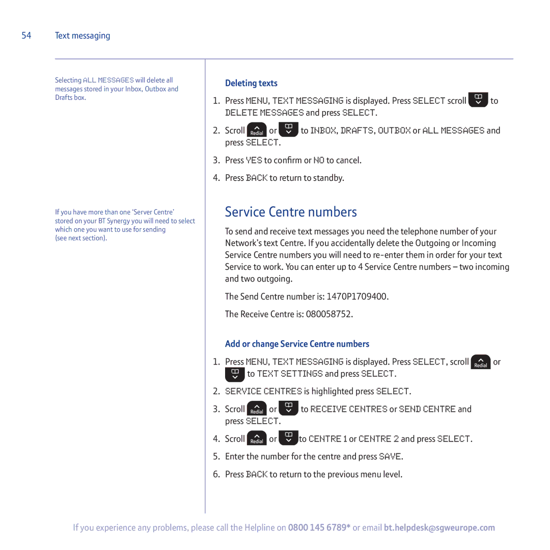 BT 5500 manual Deleting texts, Add or change Service Centre numbers 