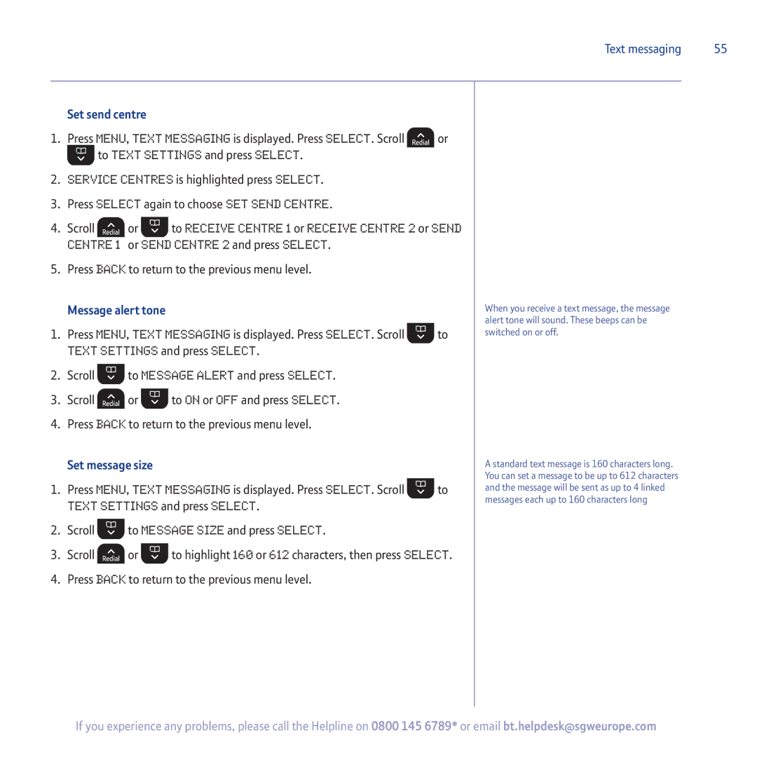 BT 5500 manual Set send centre, Message alert tone, Set message size 