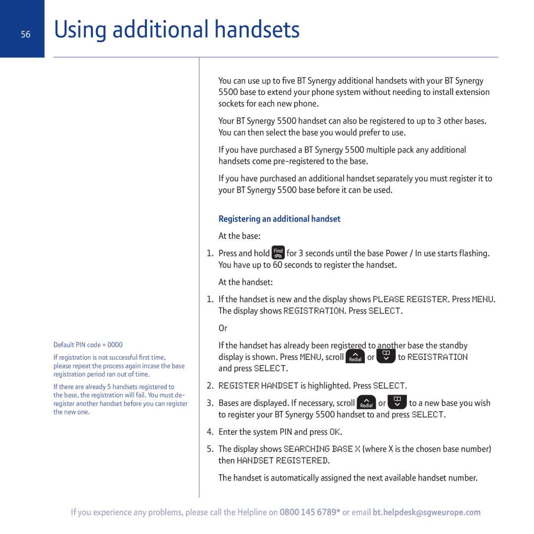 BT 5500 manual Using additional handsets, Registering an additional handset 