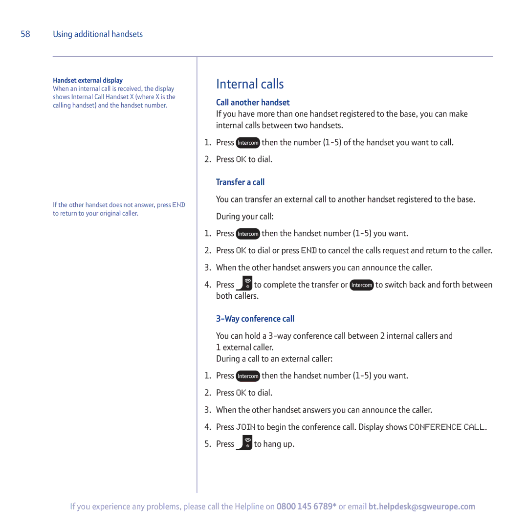 BT 5500 manual Internal calls, Call another handset, Transfer a call, Way conference call 