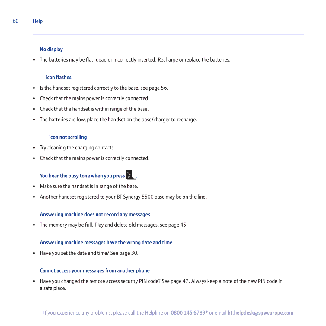 BT 5500 manual No display, Icon flashes, Icon not scrolling, You hear the busy tone when you press 