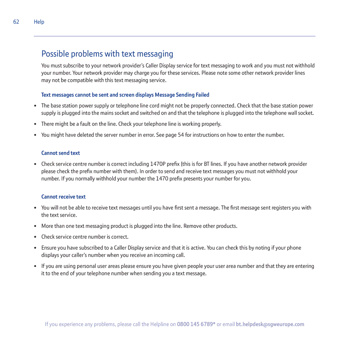 BT 5500 manual Possible problems with text messaging, Cannot send text, Cannot receive text 