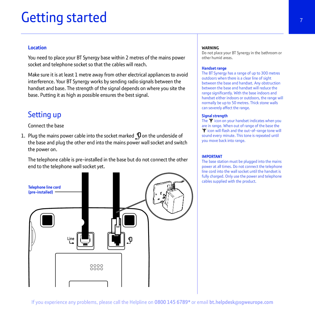 BT 5500 manual Getting started, Setting up, Location, Handset range, Signal strength 