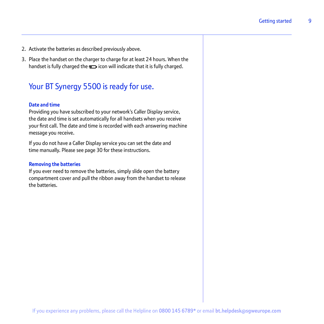 BT manual Your BT Synergy 5500 is ready for use, Date and time, Removing the batteries 