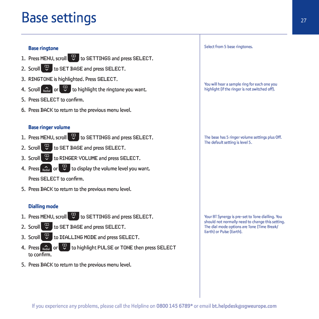 BT 5500 manual Base settings, Base ringtone, Base ringer volume, Dialling mode 