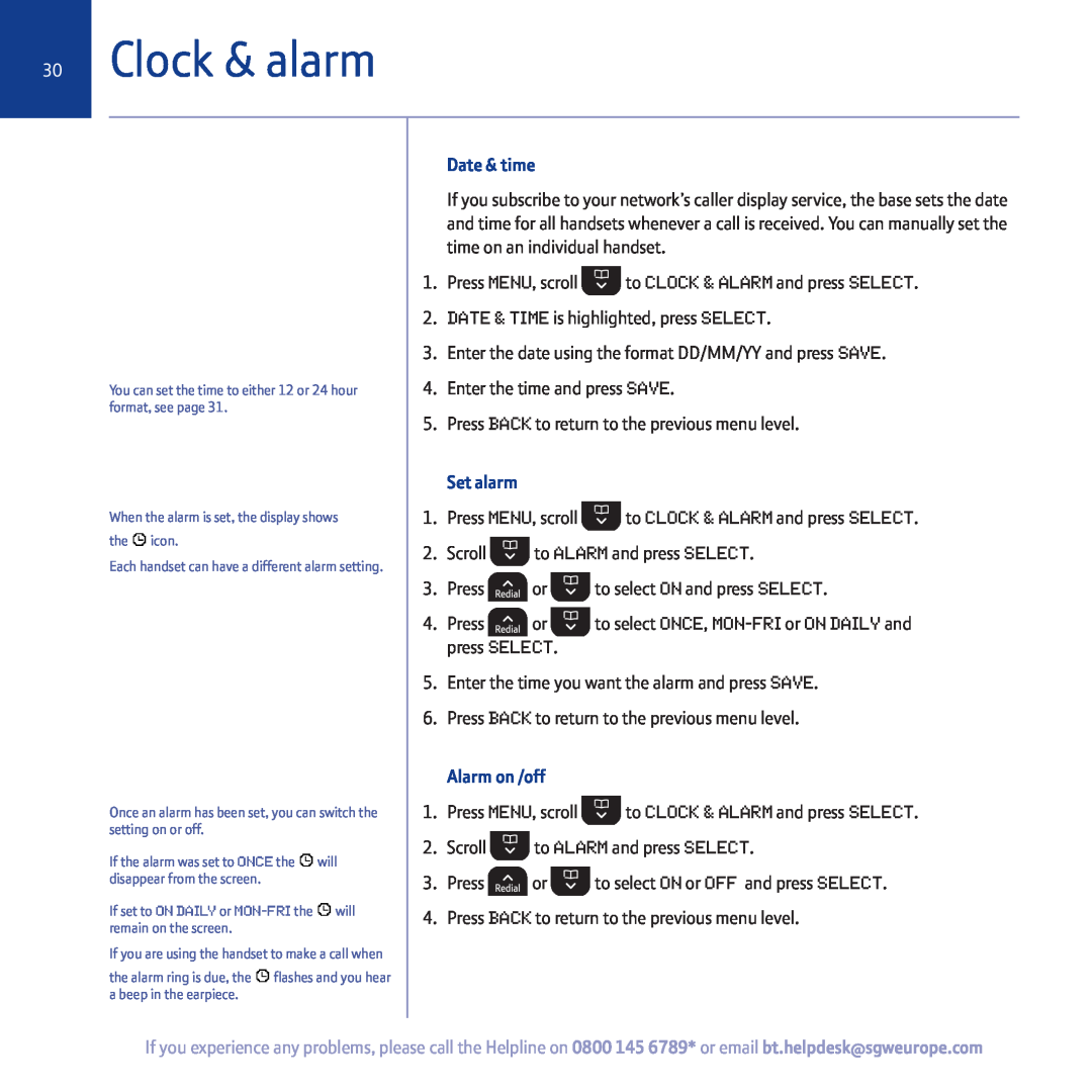 BT 5500 manual Clock & alarm, Date & time, Set alarm, Alarm on /off 