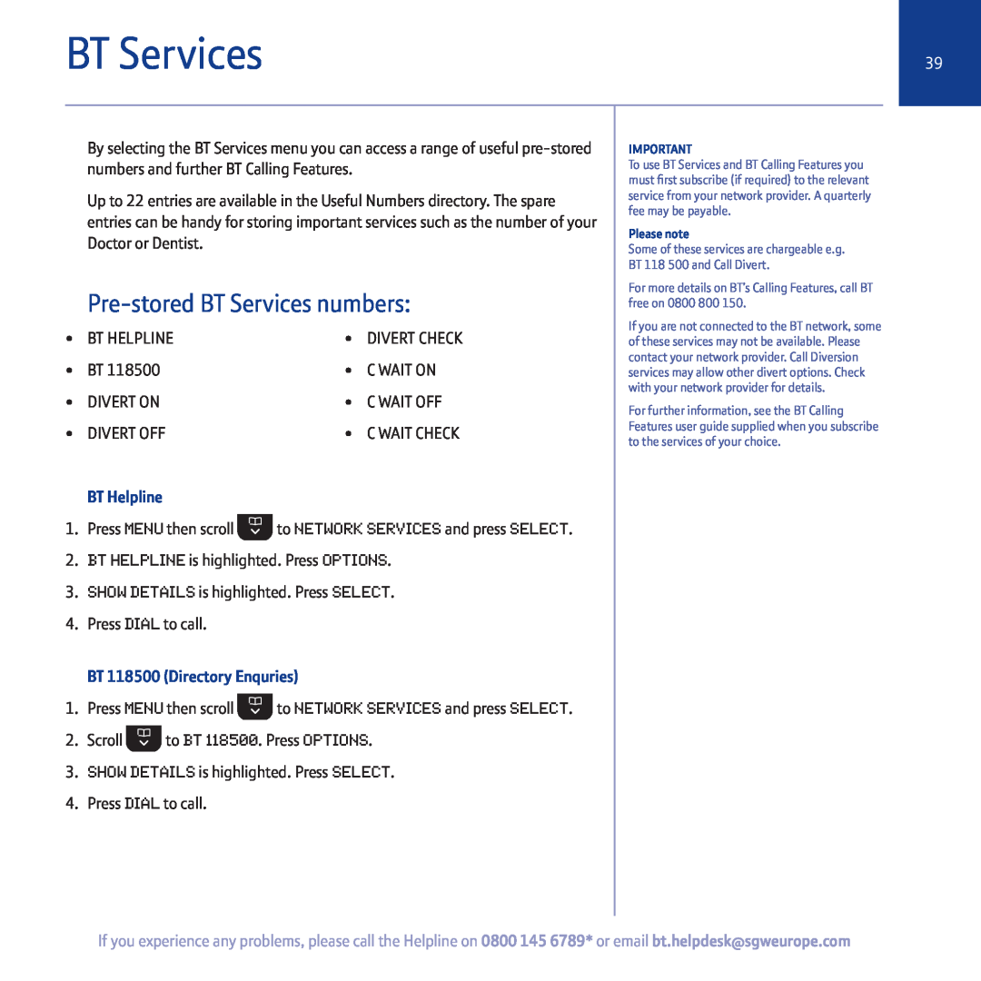 BT 5500 manual Pre-stored BT Services numbers, BT Helpline, BT 118500 Directory Enquries 