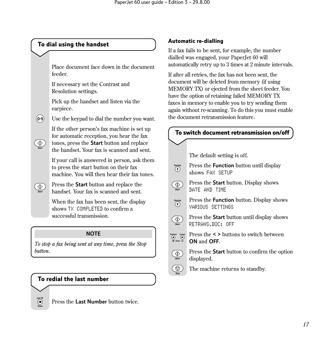 BT 60 manual To dial using the handset, To switch document retransmission on/off, To redial the last number 