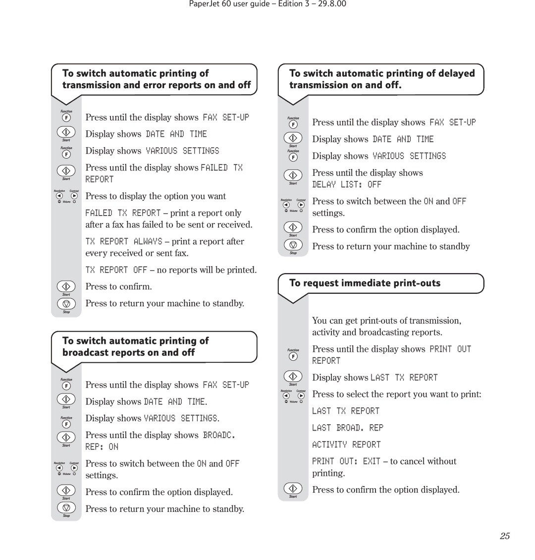 BT 60 manual To request immediate print-outs, REP on, Delay List OFF, Last TX Report Last BROAD. REP Activity Report 