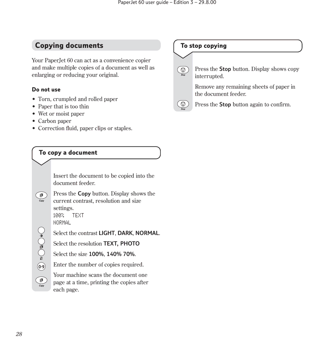 BT 60 manual Copying documents, To stop copying, To copy a document, 100% Text Normal 