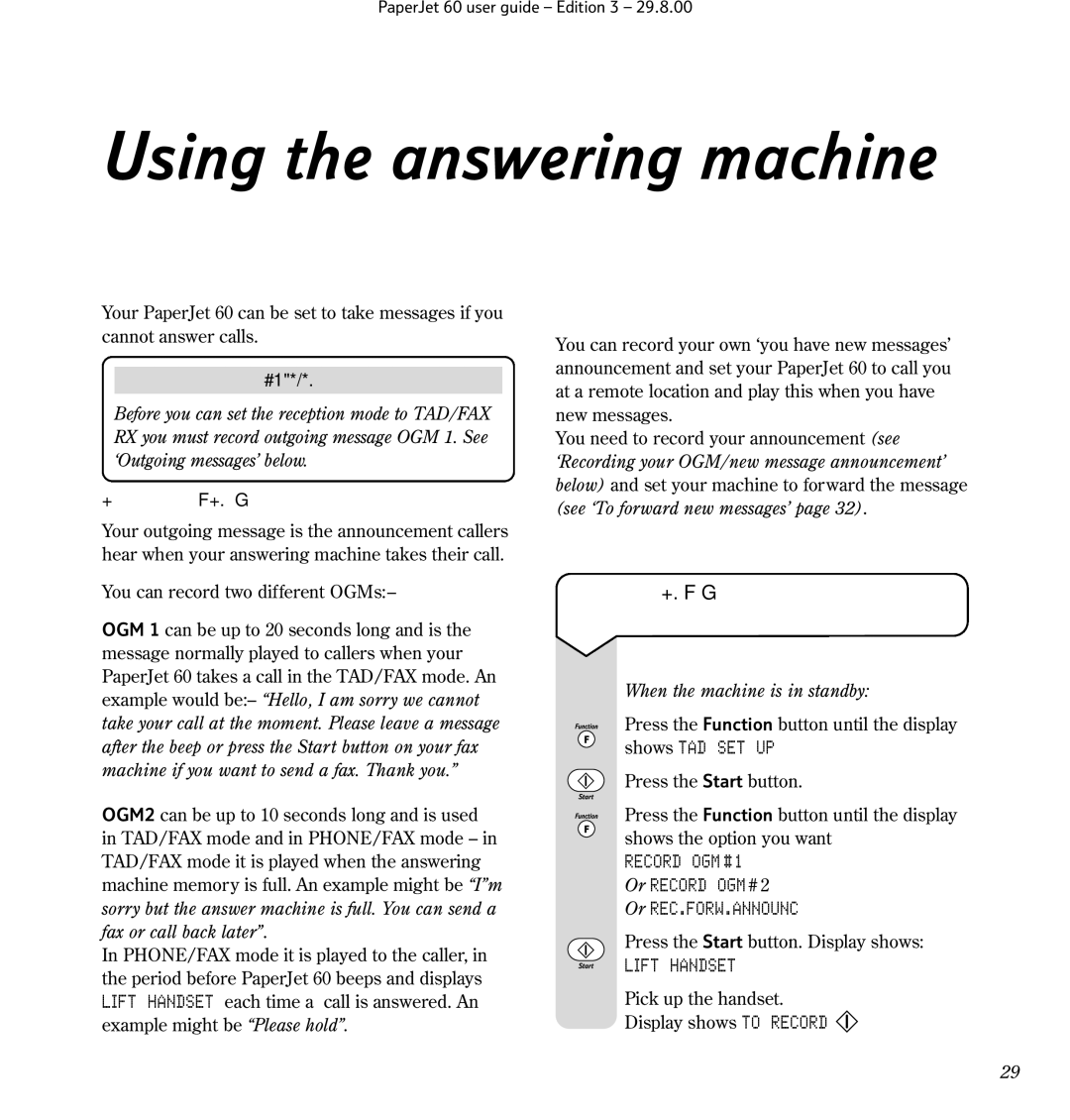 BT 60 Using the answering machine, To record your OGMs message and forwarding announcement, Record OGM #, Lift Handset 