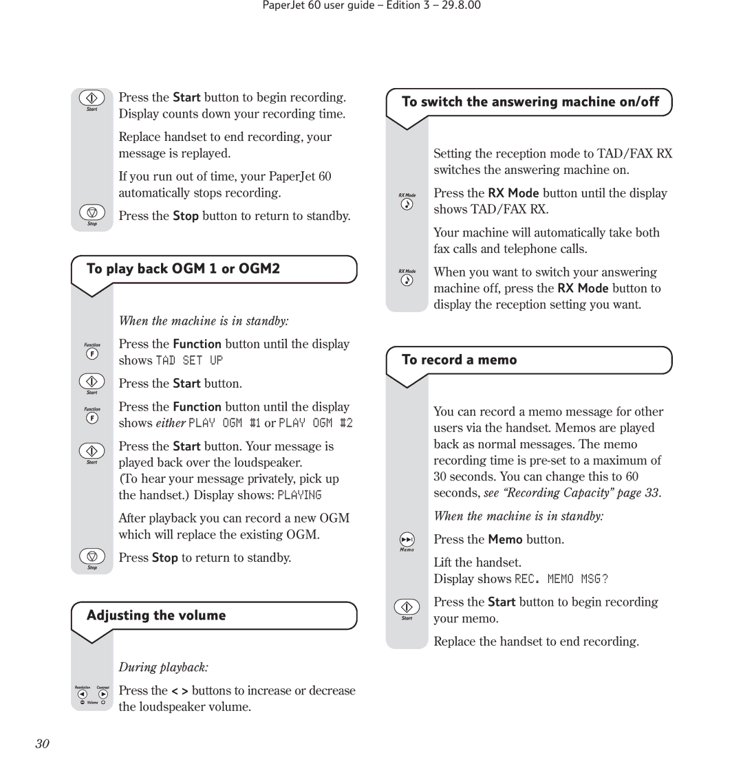 BT 60 manual To play back OGM 1 or OGM2, Adjusting the volume, To switch the answering machine on/off, To record a memo 