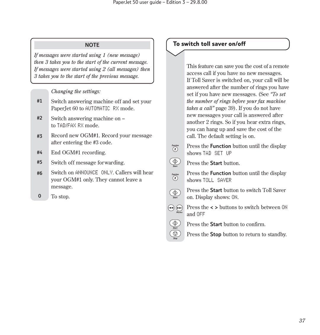 BT 60 manual To switch toll saver on/off, To TAD/FAX RX mode 