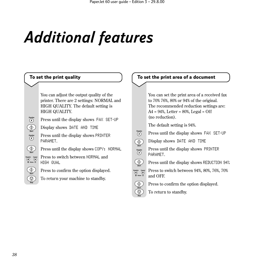 BT 60 manual Additional features, To set the print quality, To set the print area of a document, Paramet, High Qual 