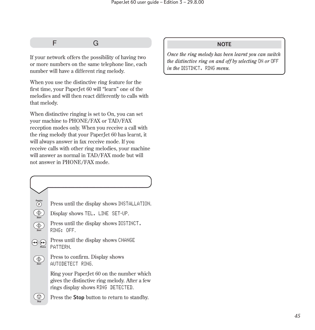 BT 60 manual Call Sign Distinctive ringing, To learn the ring melody, Ring OFF, Pattern, Autodetect Ring 