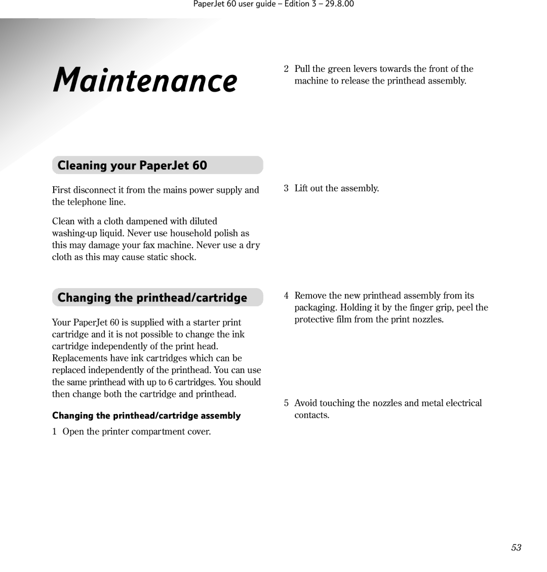 BT 60 manual Maintenance, Cleaning your PaperJet, Changing the printhead/cartridge assembly 