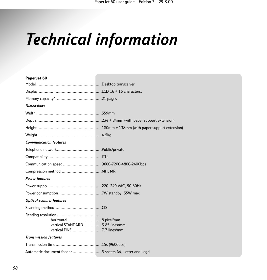 BT 60 manual Technical information, Dimensions 