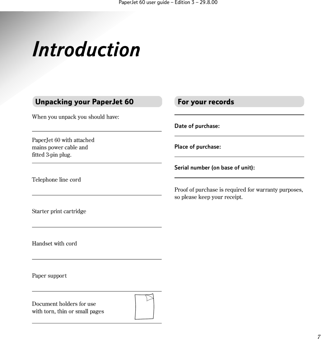 BT 60 manual Introduction, Unpacking your PaperJet, For your records 