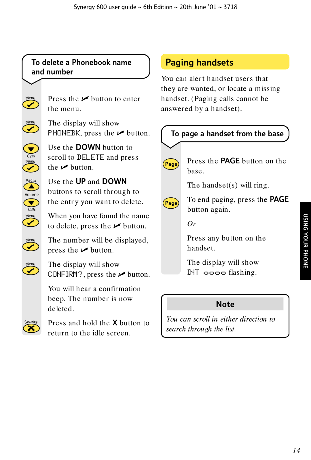 BT 600 manual Paging handsets, To delete a Phonebook name and number, To page a handset from the base 