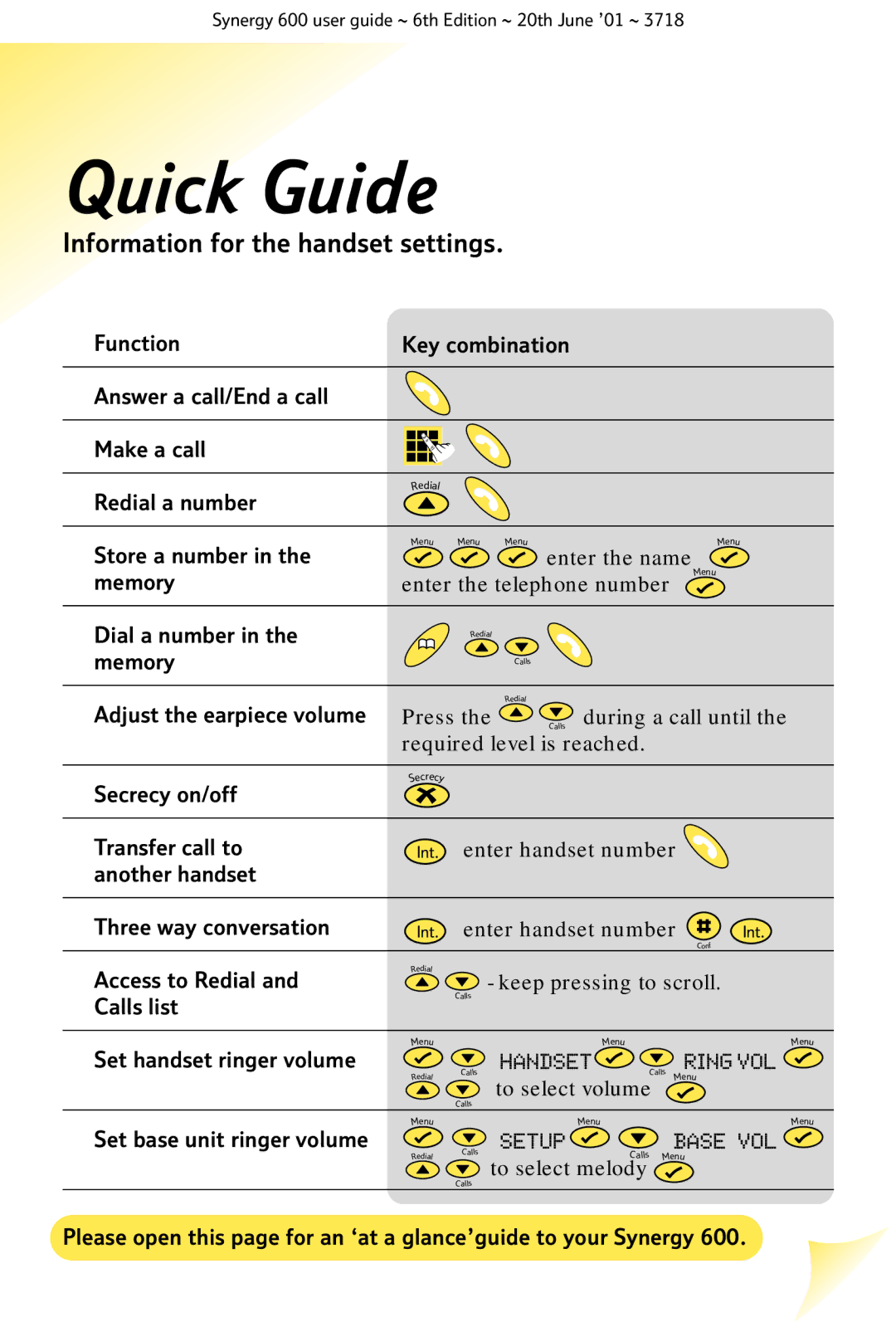 BT 600 manual Quick Guide, Information for the handset settings 