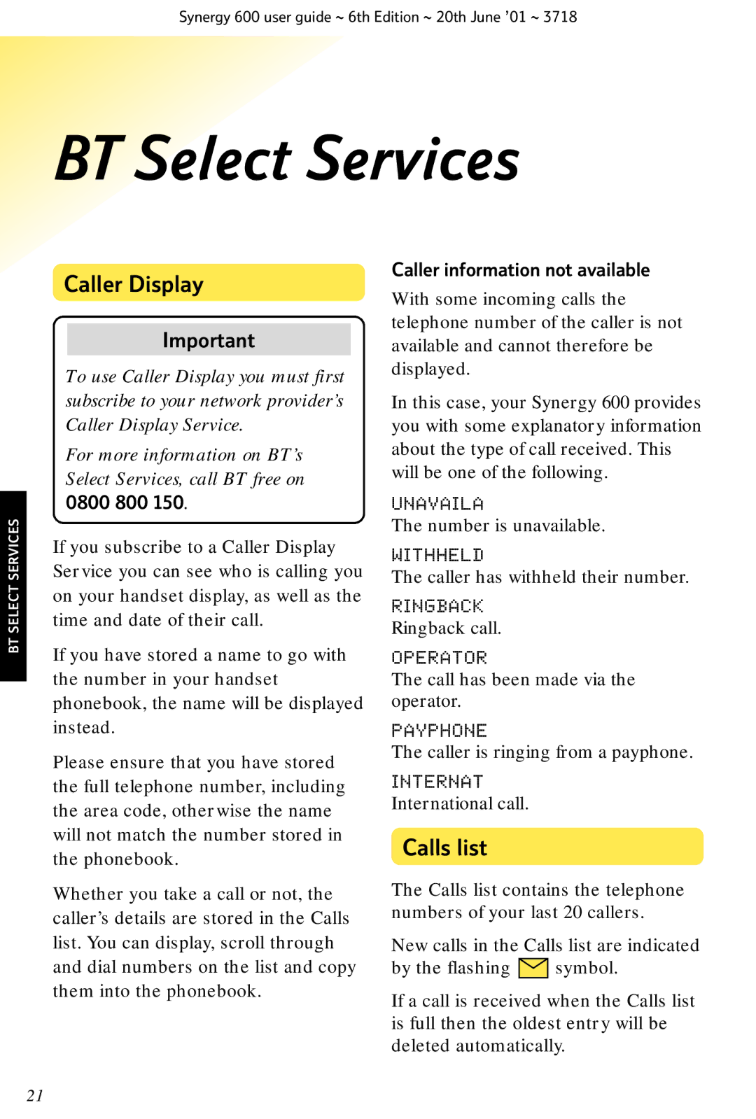 BT 600 manual BT Select Services, Caller Display, Calls list, 0800 800, Caller information not available 