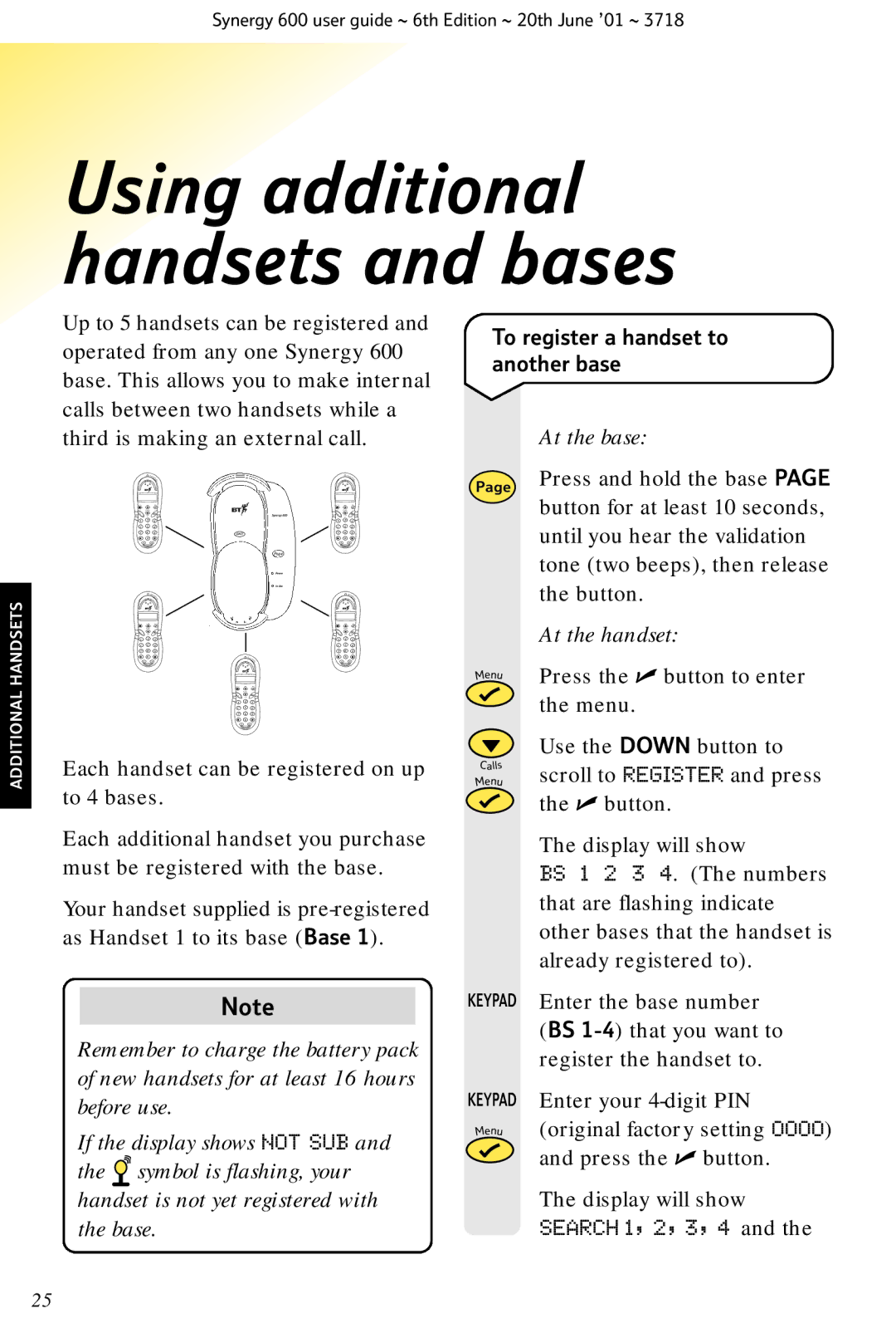 BT 600 manual To register a handset to another base, At the base, At the handset 