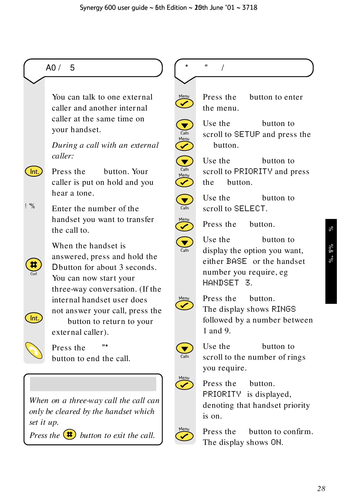 BT 600 manual Three-way conversation, During a call with an external caller, Handset Priority 