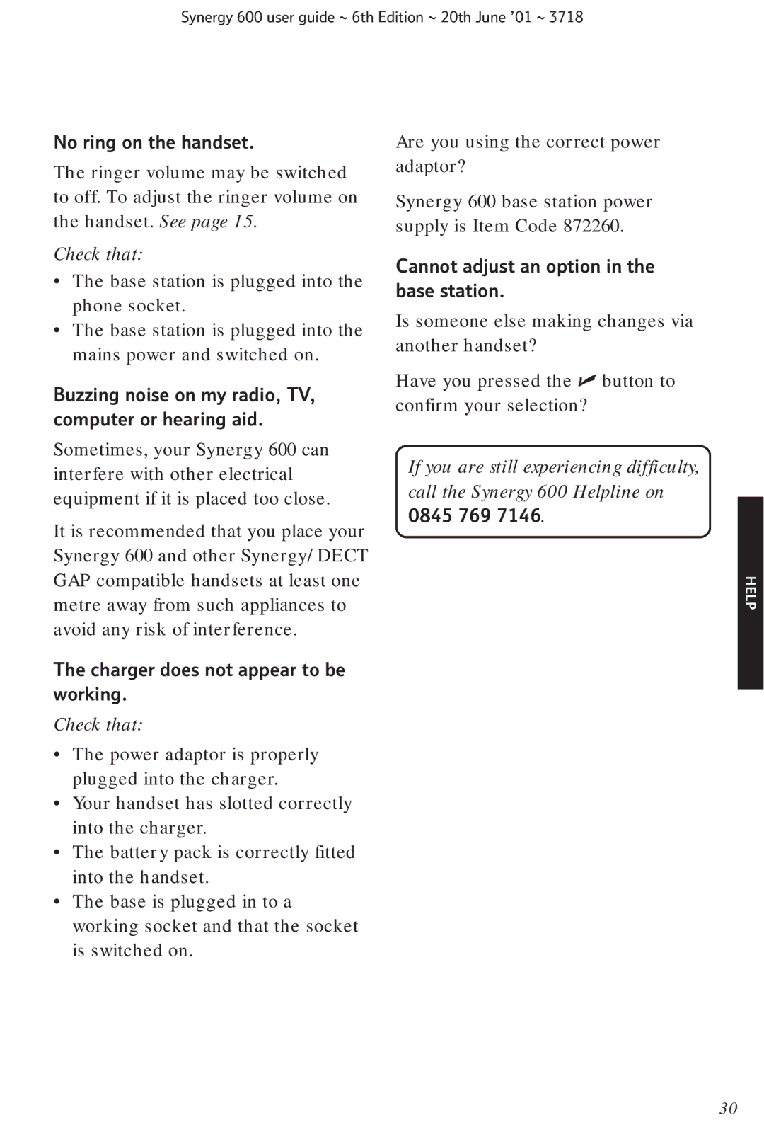 BT 600 manual No ring on the handset, Buzzing noise on my radio, TV, computer or hearing aid 