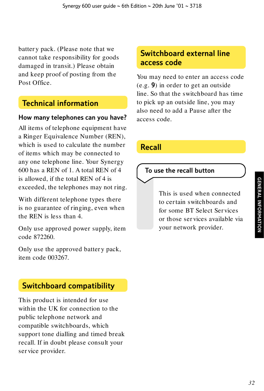 BT 600 manual Technical information, Switchboard external line access code, Recall, Switchboard compatibility 