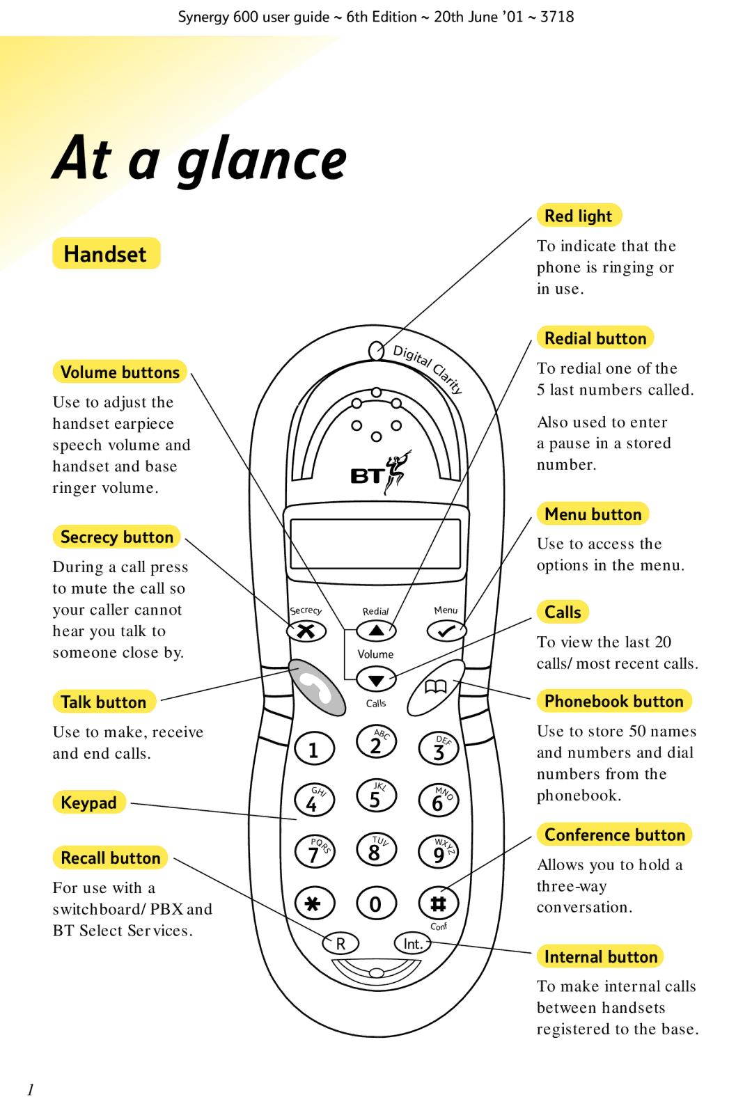 BT 600 manual At a glance, Handset, DigitalCl a r i t y 