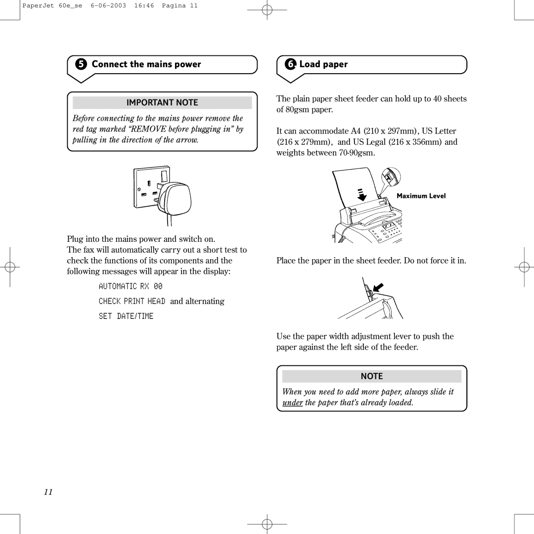 BT 60E manual Connect the mains power, Load paper, Automatic RX, Check Print Head and alternating, Set Date/Time 