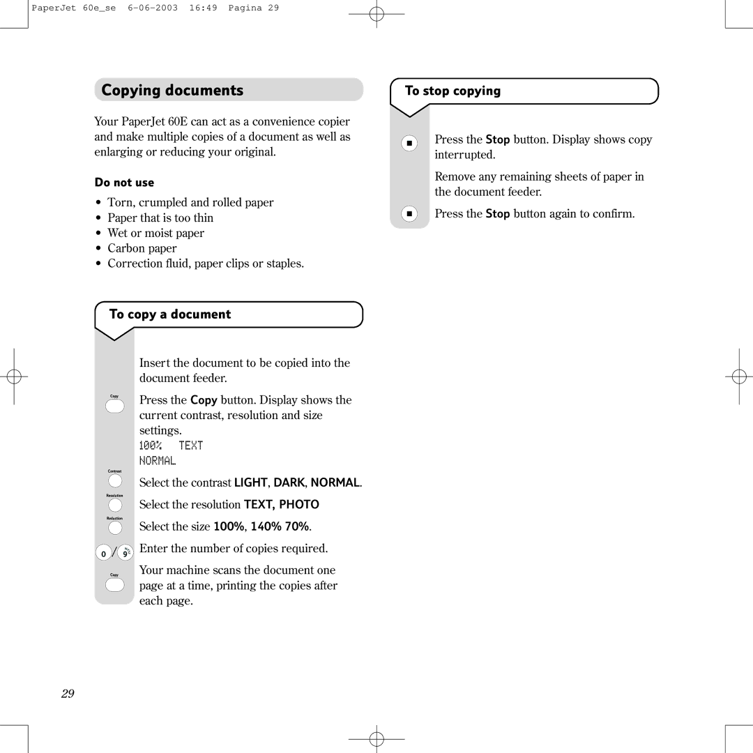 BT 60E manual Copying documents, To copy a document, To stop copying, 100% Text Normal 