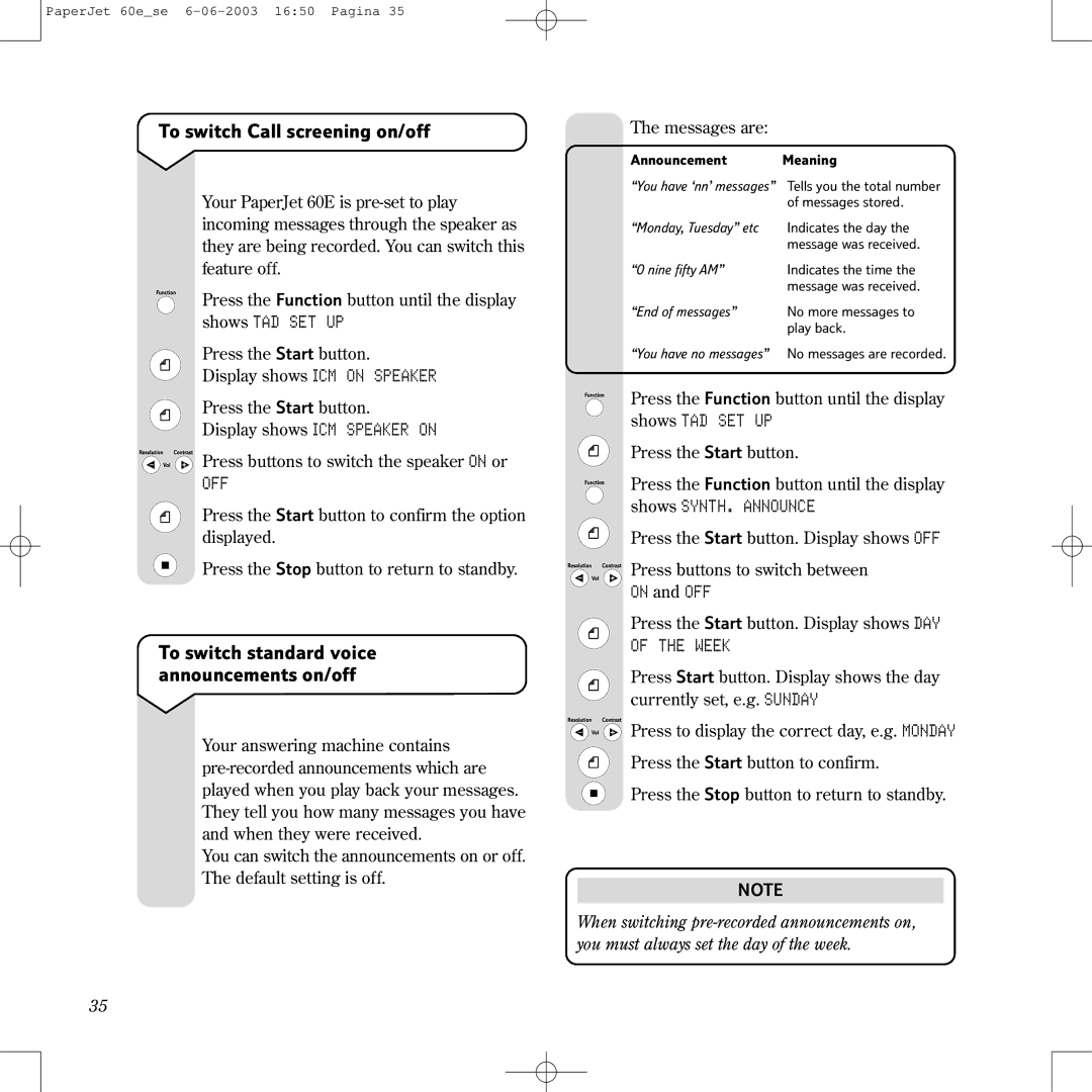 BT 60E manual To switch Call screening on/off, Off, On and OFF, Week 