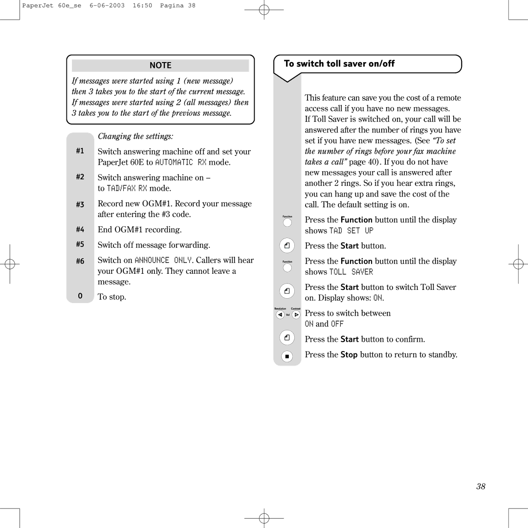 BT 60E manual To switch toll saver on/off, To TAD/FAX RX mode 