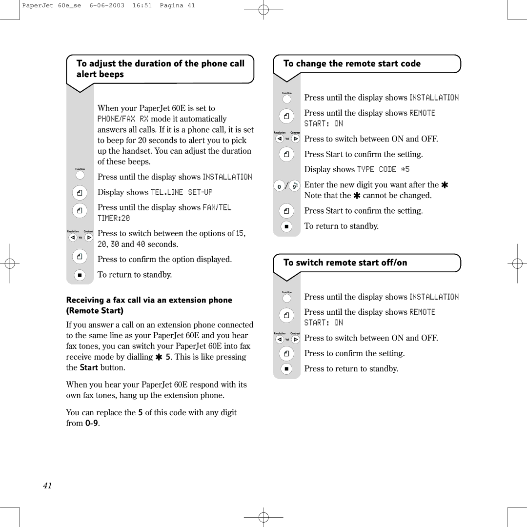 BT 60E manual To adjust the duration of the phone call alert beeps, To change the remote start code, TIMER20, Start on 