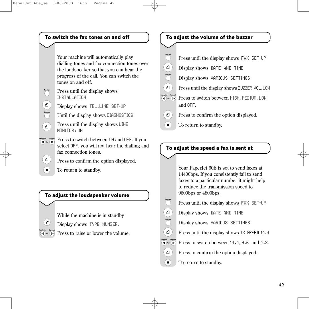 BT 60E manual To switch the fax tones on and off, To adjust the loudspeaker volume, To adjust the speed a fax is sent at 