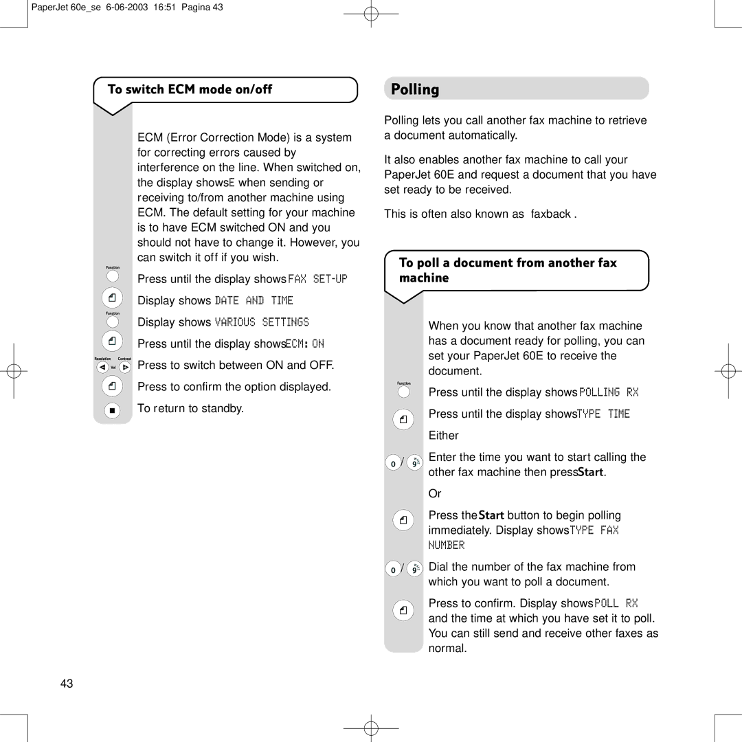 BT 60E manual Polling, To switch ECM mode on/off, To poll a document from another fax machine, Number 