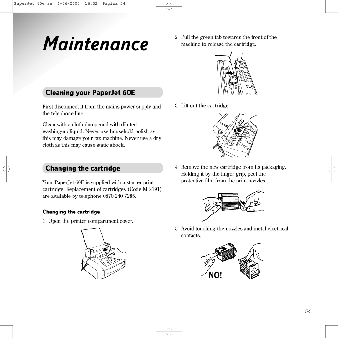 BT manual Maintenance, Cleaning your PaperJet 60E, Changing the cartridge 