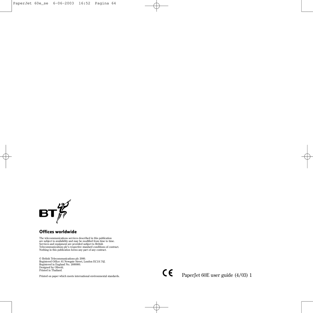 BT manual PaperJet 60E user guide 4/03 