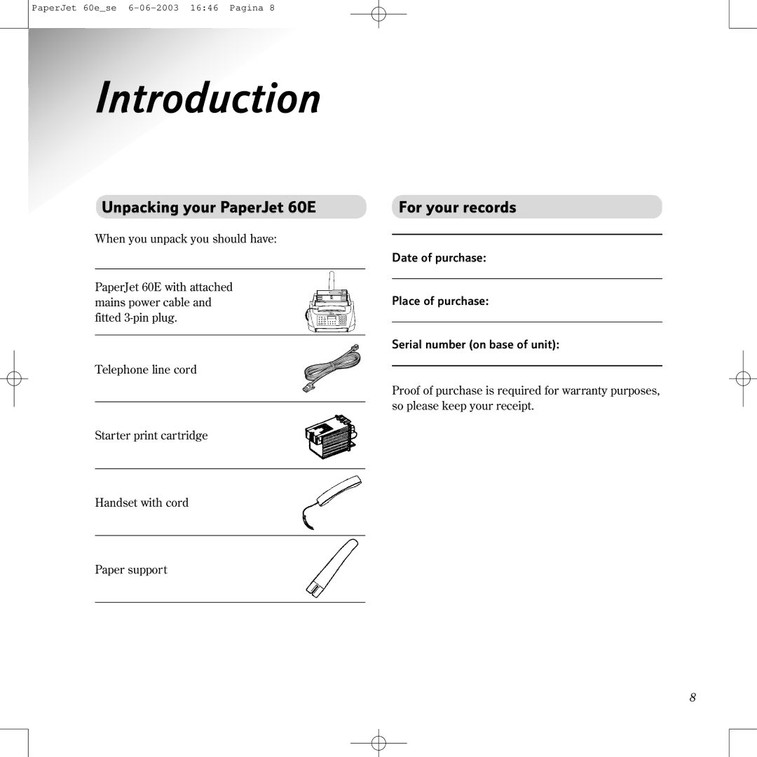 BT manual Introduction, Unpacking your PaperJet 60E, For your records 