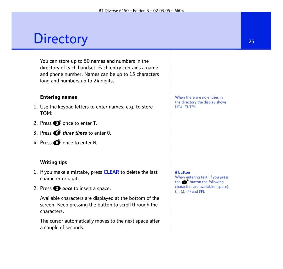 BT 6150 manual Directory23, # button 