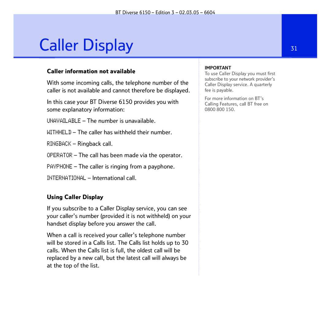 BT 6150 manual Caller Display, Caller information not available 