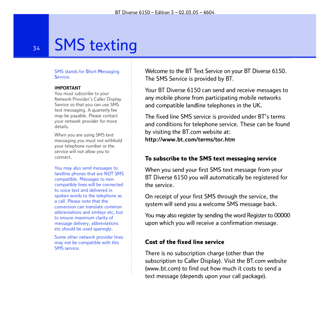 BT 6150 manual SMS texting, Cost of the fixed line service 