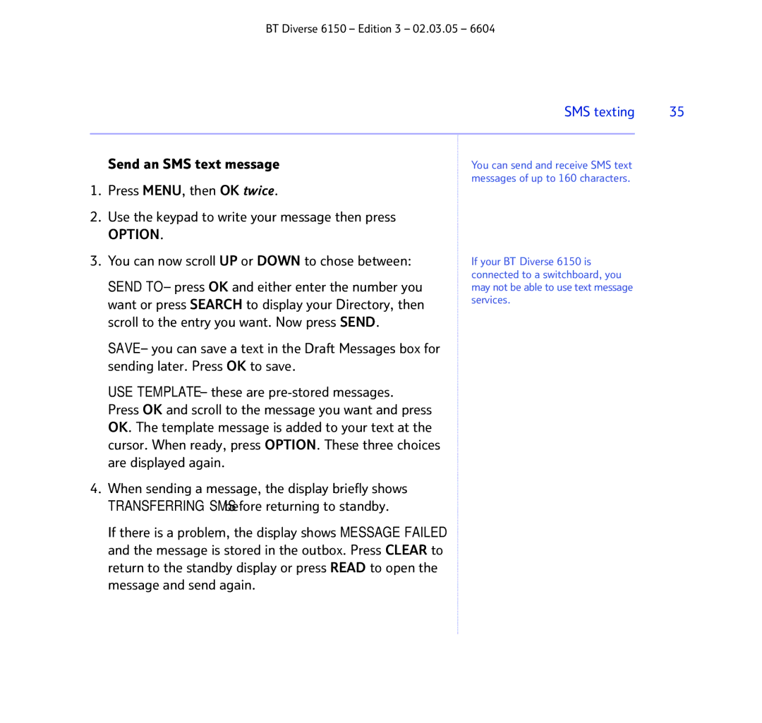 BT 6150 manual Send an SMS text message, You can now scroll UP or Down to chose between 