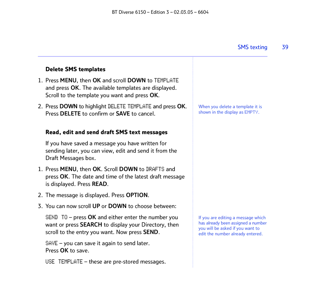 BT 6150 manual Delete SMS templates 