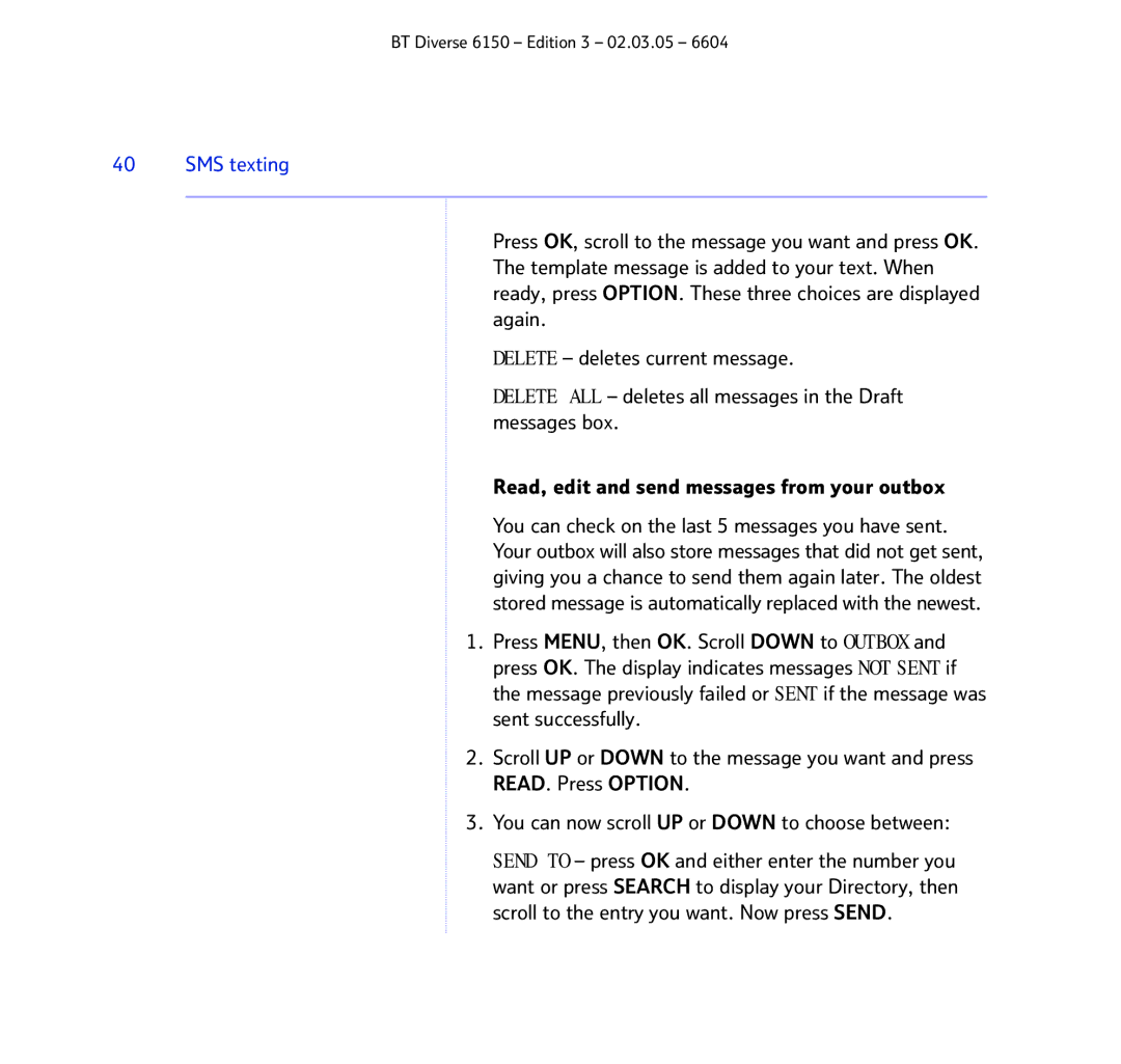 BT 6150 manual SMS texting 