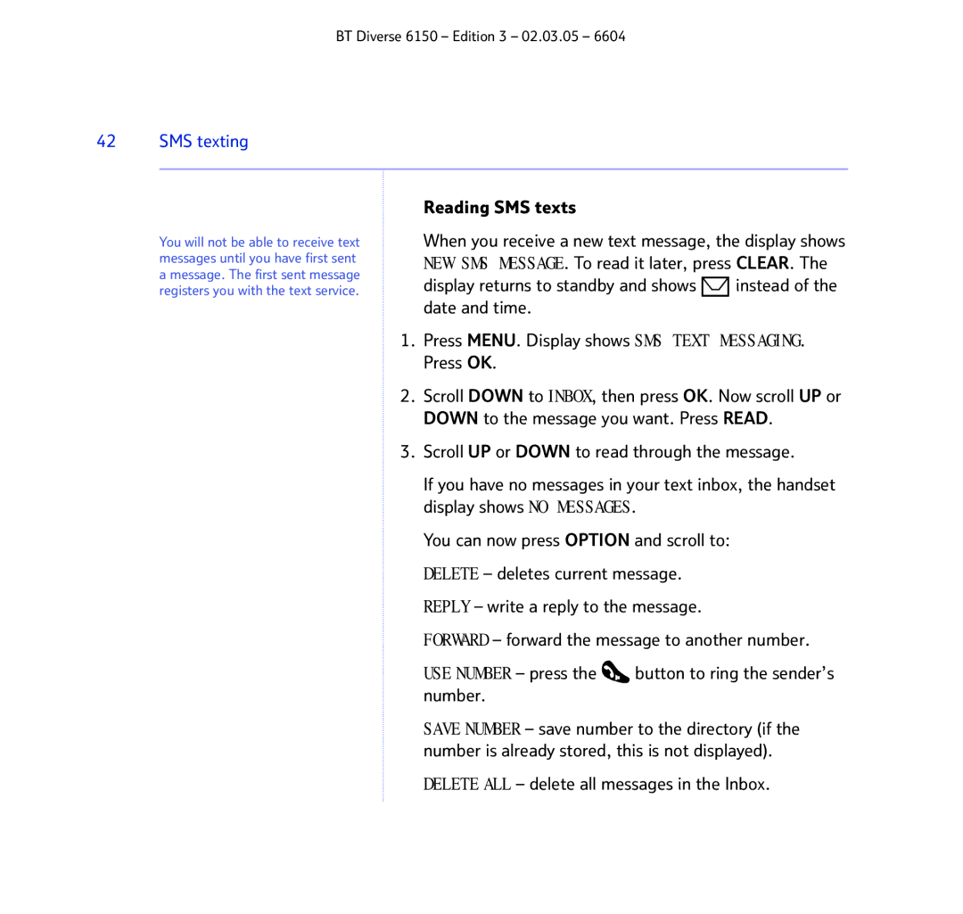 BT 6150 manual Reading SMS texts, Delete ALL delete all messages in the Inbox 